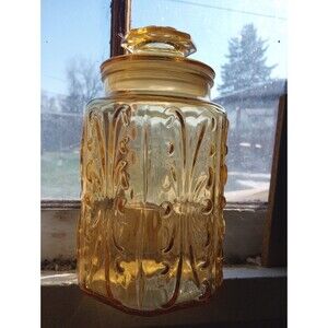 Vintage LE Smith Imperial Honey Amber Atterbury Scroll Glass Canister Large 9"